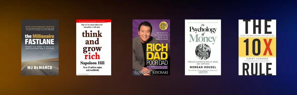stack of five books with titles featuring financial themes, surrounded by currency symbols. Text: '5 Best Books To Read By the End of 2024 to get Rich'"